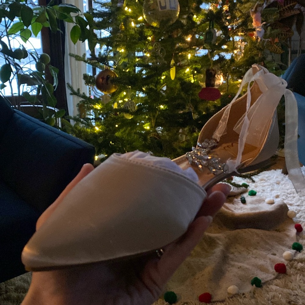 Minye Champagne Satin Rhinestone Ankle Strap Flats